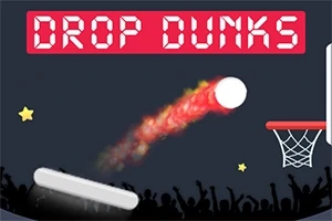 Drop Dunks yazısı, halka dolu bir tribün önünde, ateşli bir efektle potaya doğru hareket eden bir top ve beyaz platform