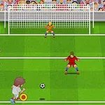 Yeşil sahada bir futbolcu, iki savunma oyuncusu ve kaleciye karşı şut çekmek üzere