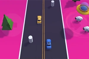 Pembe bir arka planda, iki araba ve birkaç engel bulunan bir yol