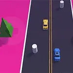 Pembe bir arka planda, iki araba ve birkaç engel bulunan bir yol