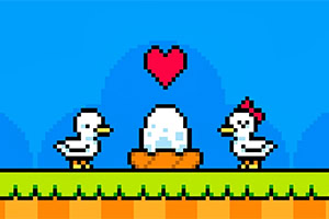 Duck Duck Piksel sanat tarzında, iki ördeğin arasında bir yumurta ve üzerinde kırmızı bir kalp bulunan sevimli bir sahne