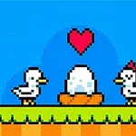 Duck Duck Piksel sanat tarzında, iki ördeğin arasında bir yumurta ve üzerinde kırmızı bir kalp bulunan sevimli bir sahne