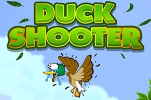 Gökyüzünde ağlayan bir ördeğin yer aldığı ve üstünde büyük yeşil harflerle DUCK SHOOTER yazan bir görüntü