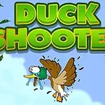 Gökyüzünde ağlayan bir ördeğin yer aldığı ve üstünde büyük yeşil harflerle DUCK SHOOTER yazan bir görüntü