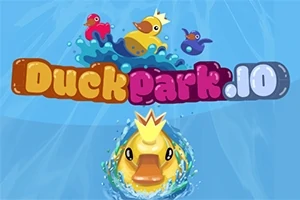 Mavi bir arka planda farklı renklerdeki ördek oyuncakları ve üzerinde Duckpark