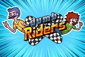 Mavi patlama arka planı önünde üzerinde Dumb Riders yazan damalı bir platform ve sağda kızıl saçlı bir kadın, solda mor saçlı bir adam figürü