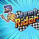 Mavi patlama arka planı önünde üzerinde Dumb Riders yazan damalı bir platform ve sağda kızıl saçlı bir kadın, solda mor saçlı bir adam figürü