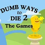 Mavi bir karakter ve altın bir kupanın yanında Dumb Ways to Die 2: The Games yazısı olan renkli bir çizim