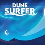 Gece gökyüzü altında kavisli tepelerin üzerinde büyük ve küçük iki daire ile Dune Surfer yazısı