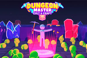 Neon renkli fantezi sahnesinde kılıç tutan bir figür, etrafında parlak taşlar ve küçük ağaçlar, üstte DUNGEON MASTER: CULT & CRAFT yazısı