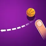 Mor arka planda bir basketbol topu ve potaya doğru yönlenen bir parmak görseli