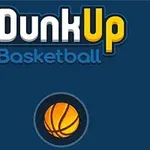 Koyu mavi arka plan üzerinde Dunk Up Basketball metni ve altında bir basketbol topu