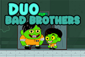 Yeşil tenli, turuncu kıyafetli iki karakter, DUO BAD BROTHERS yazısının önünde duruyor
