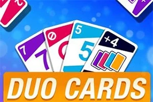 DUO CARDS metni ve çeşitli numara ve semboller içeren kartlar, mavi arka plan üzerinde