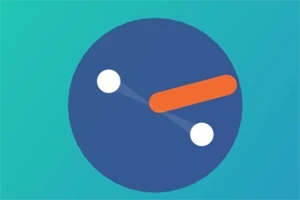 Mavi zemin üzerinde turuncu bir çubuk ve iki beyaz noktanın yer aldığı minimalist bir grafik