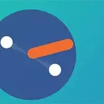 Mavi zemin üzerinde turuncu bir çubuk ve iki beyaz noktanın yer aldığı minimalist bir grafik