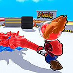 Bir karakter bir diğerine kırmızı ve mavi sıvı fırlatırken, renkli ve çizgi film tarzı bir ortamda karşı karşıya