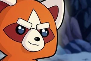 Turuncu renkte şirin ve sevimli bir kırmızı panda karakteri, dağlık ve karanlık bir arka plan önünde duruyor