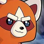 Turuncu renkte şirin ve sevimli bir kırmızı panda karakteri, dağlık ve karanlık bir arka plan önünde duruyor