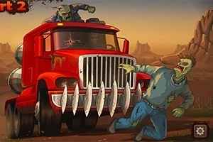 Kırmızı bir kamyonun önünde büyük metal dişler ve etrafında iki zombi olan bir sahne