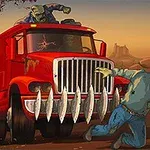Kırmızı bir kamyonun önünde büyük metal dişler ve etrafında iki zombi olan bir sahne