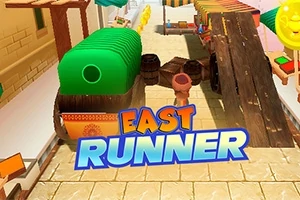Renkli bir sokakta ahşap rampaların ve varillerin yanında duran insansı figür, üzerinde East Runner yazılı bir grafikle birlikte tasvir edilmiştir