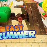 Renkli bir sokakta ahşap rampaların ve varillerin yanında duran insansı figür, üzerinde East Runner yazılı bir grafikle birlikte tasvir edilmiştir