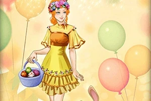 Çiçekli taç takmış kadın sarı bir elbiseyle renkli bir balon fonu önünde elinde yumurta dolu bir sepet tutuyor