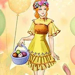 Çiçekli taç takmış kadın sarı bir elbiseyle renkli bir balon fonu önünde elinde yumurta dolu bir sepet tutuyor