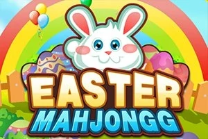 Yumurta renginde bir arka plan, gökkuşağı ve balonlar eşliğinde büyük kulaklı bir tavşan ile Easter Mahjongg yazısı