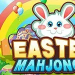 Yumurta renginde bir arka plan, gökkuşağı ve balonlar eşliğinde büyük kulaklı bir tavşan ile Easter Mahjongg yazısı