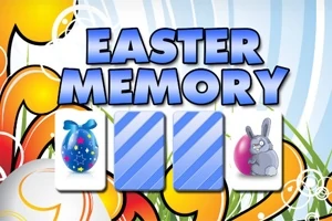 Easter Memory yazısı, renkli arka plan ve üzerinde bir Paskalya yumurtası ile tavşan resimleri olan kartlar