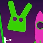 Yeşil ve mor arka planda yeşil bir tavşan şekli, pembe ve yeşil bir roket, yanında bir top ve beyaz bir kapı kolu