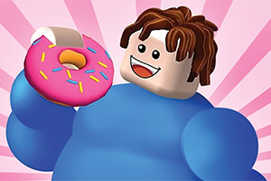 Pembe krema ve renkli şekerlemelerle süslenmiş bir donut tutan, mavi giyinmiş figürin