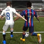 Beyaz formayla 8 numaralı oyuncu ve çubuklu formayla 7 numaralı oyuncu futbol sahasında yan yana top sürüyor