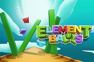 Renkli üçgen ve dikdörtgenlerin ön planda olduğu, Element Balls yazısının bulunduğu açık mavi gökyüzü manzarası