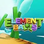 Renkli üçgen ve dikdörtgenlerin ön planda olduğu, Element Balls yazısının bulunduğu açık mavi gökyüzü manzarası