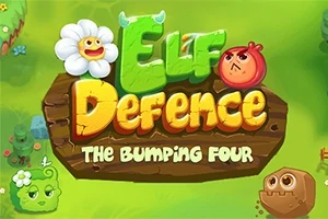 Yeşil bir arka planda, ahşap bir tabela üzerinde Elf Defence: The Bumping Four yazısı ve etrafında çiçek, üzgün bir kırmızı top ve diğer karakterlerle çizgi film tarzı figürler