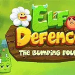 Yeşil bir arka planda, ahşap bir tabela üzerinde Elf Defence: The Bumping Four yazısı ve etrafında çiçek, üzgün bir kırmızı top ve diğer karakterlerle çizgi film tarzı figürler