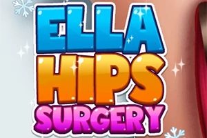 Mavi, turuncu ve pembe büyük harflerle yazılmış Ella Hips Surgery metni, kış temalı arka planda gösteriliyor