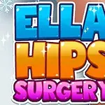 Mavi, turuncu ve pembe büyük harflerle yazılmış Ella Hips Surgery metni, kış temalı arka planda gösteriliyor