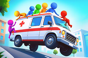 Rengarenk çöp adamların bir ambulansın üzerinde durduğu ve eğimli bir yolda ilerleyen eğlenceli bir sahne