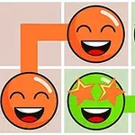 Turuncu ve yeşil gülen yüz emojileri, yıldız gözlerle birbirine renkli yollarla bağlı