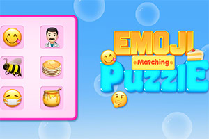 Pembe bir kutuda gülümseyen yüz, doktordan bal kavanozuna kadar çeşitli emojiler ve mavi bir arka plan üzerinde Emoji Matching Puzzle yazısı