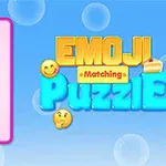 Pembe bir kutuda gülümseyen yüz, doktordan bal kavanozuna kadar çeşitli emojiler ve mavi bir arka plan üzerinde Emoji Matching Puzzle yazısı