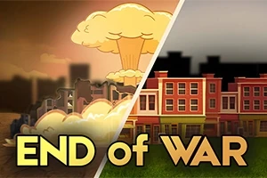 Bir yanda nükleer patlama ve yıkılmış binalar, diğer yanda şehir silueti ve sağlam binalar ile END of WAR yazısı