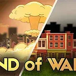 Bir yanda nükleer patlama ve yıkılmış binalar, diğer yanda şehir silueti ve sağlam binalar ile END of WAR yazısı