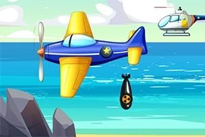 Deniz üzerinde uçan sarı ve mavi renkli bir uçak, bomba bırakırken yanında bir helikopter ile beraber resmedilmiştir