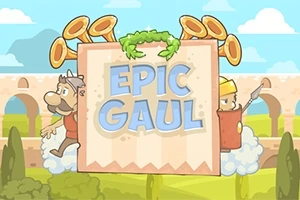 Çizgi karakterlerin yanlarında durduğu EPIC GAUL yazılı tabela, bulutlar, trompetler ve arka planda kemerli taş yapılar ile çevrili