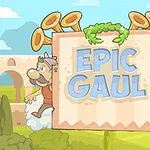 Çizgi karakterlerin yanlarında durduğu EPIC GAUL yazılı tabela, bulutlar, trompetler ve arka planda kemerli taş yapılar ile çevrili